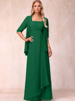 Bridal Mother Dress Square Neck Half Sleeves Two-piece Pleated Guest Dresses For Wedding