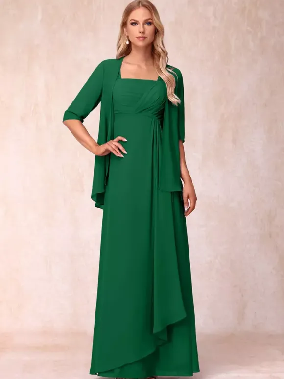 Bridal Mother Dress Square Neck Half Sleeves Two-piece Pleated Guest Dresses For Wedding