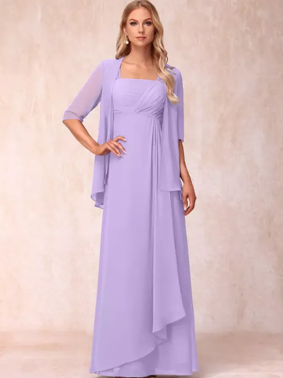 Bridal Mother Dress Square Neck Half Sleeves Two-piece Pleated Guest Dresses For Wedding