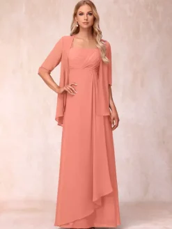 Bridal Mother Dress Square Neck Half Sleeves Two-piece Pleated Guest Dresses For Wedding