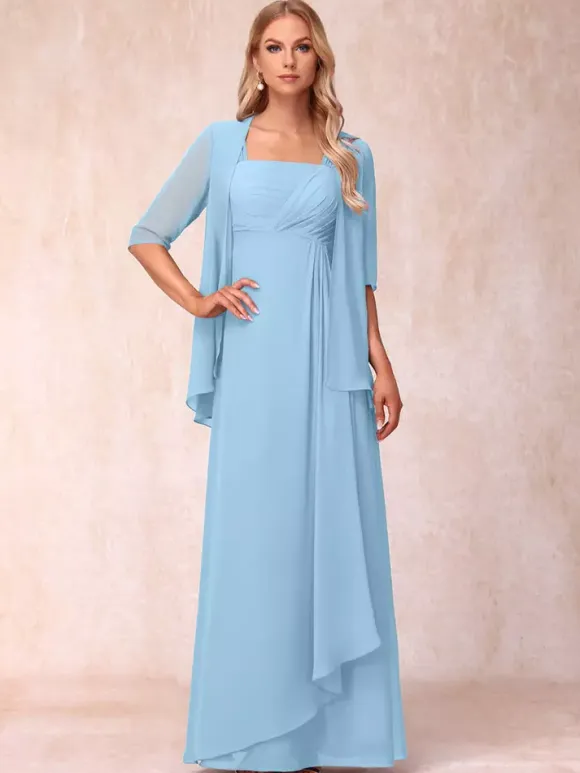 Bridal Mother Dress Square Neck Half Sleeves Two-piece Pleated Guest Dresses For Wedding