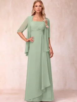 Bridal Mother Dress Square Neck Half Sleeves Two-piece Pleated Guest Dresses For Wedding