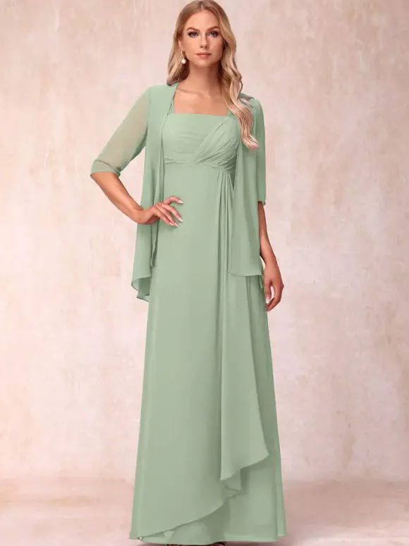 Bridal Mother Dress Square Neck Half Sleeves Two-piece Pleated Guest Dresses For Wedding