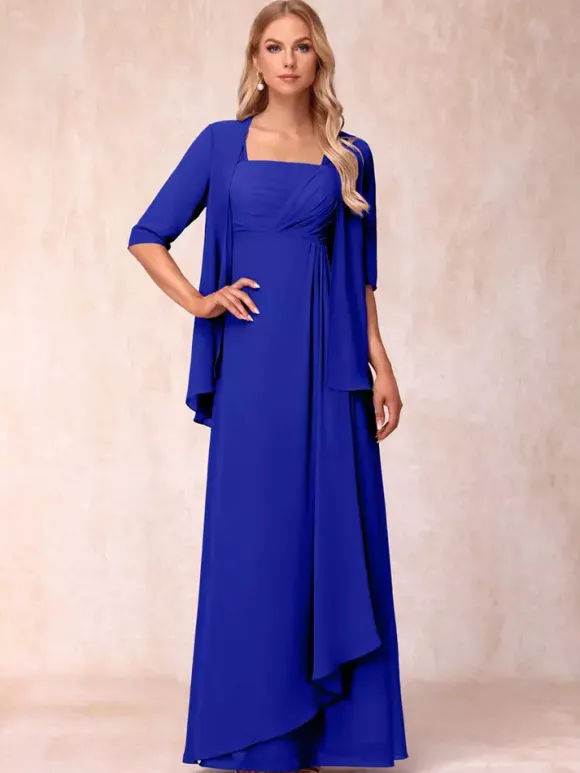Bridal Mother Dress Square Neck Half Sleeves Two-piece Pleated Guest Dresses For Wedding
