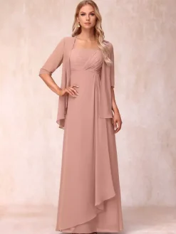 Bridal Mother Dress Square Neck Half Sleeves Two-piece Pleated Guest Dresses For Wedding