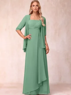 Bridal Mother Dress Square Neck Half Sleeves Two-piece Pleated Guest Dresses For Wedding