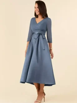 Bridal Mother Dress V-Neck Half Sleeves A-Line Sash Tea-Length Wedding Guest Dresses