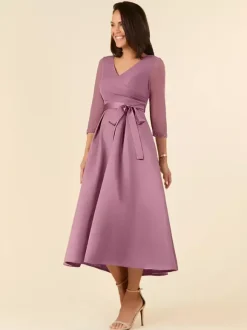 Bridal Mother Dress V-Neck Half Sleeves A-Line Sash Tea-Length Wedding Guest Dresses