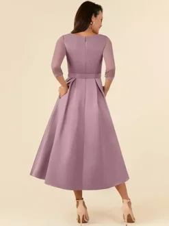 Bridal Mother Dress V-Neck Half Sleeves A-Line Sash Tea-Length Wedding Guest Dresses