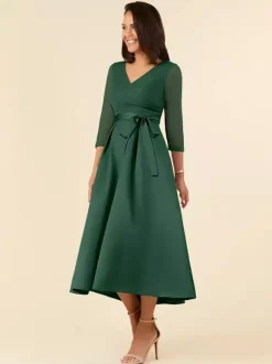 Bridal Mother Dress V-Neck Half Sleeves A-Line Sash Tea-Length Wedding Guest Dresses