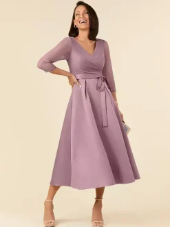 Bridal Mother Dress V-Neck Half Sleeves A-Line Sash Tea-Length Wedding Guest Dresses