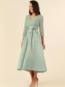Bridal Mother Dress V-Neck Half Sleeves A-Line Sash Tea-Length Wedding Guest Dresses