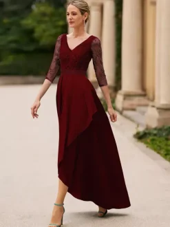 Bridal Mother Dress V-Neck 3/4 Length Sleeves A-Line Lace Ankle-Length Wedding Guest Dresses