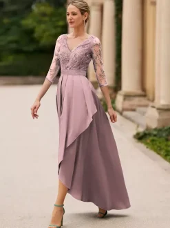 Bridal Mother Dress V-Neck 3/4 Length Sleeves A-Line Lace Ankle-Length Wedding Guest Dresses
