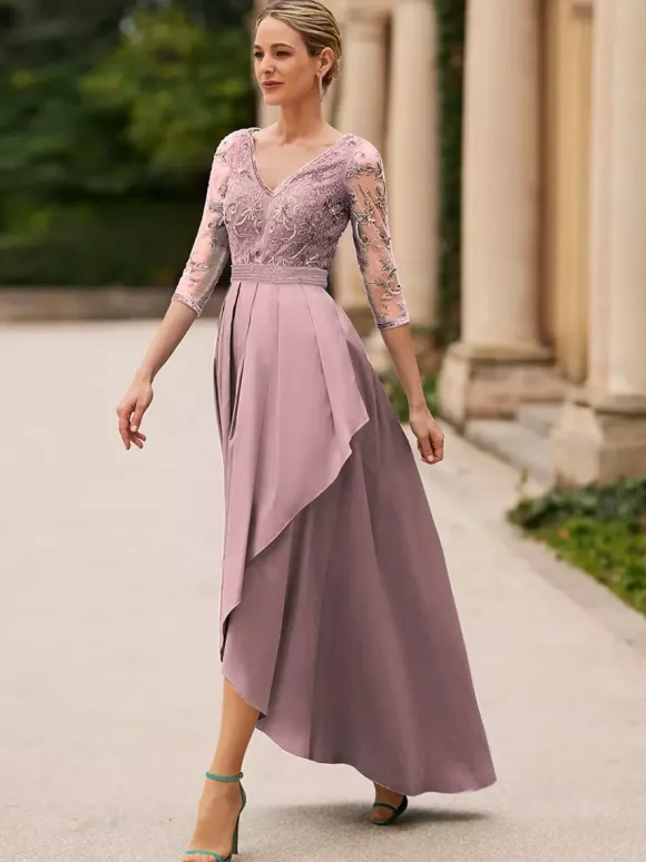 Bridal Mother Dress V-Neck 3/4 Length Sleeves A-Line Lace Ankle-Length Wedding Guest Dresses