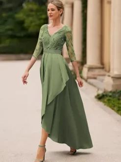 Bridal Mother Dress V-Neck 3/4 Length Sleeves A-Line Lace Ankle-Length Wedding Guest Dresses