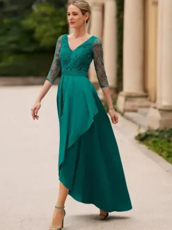 Bridal Mother Dress V-Neck 3/4 Length Sleeves A-Line Lace Ankle-Length Wedding Guest Dresses