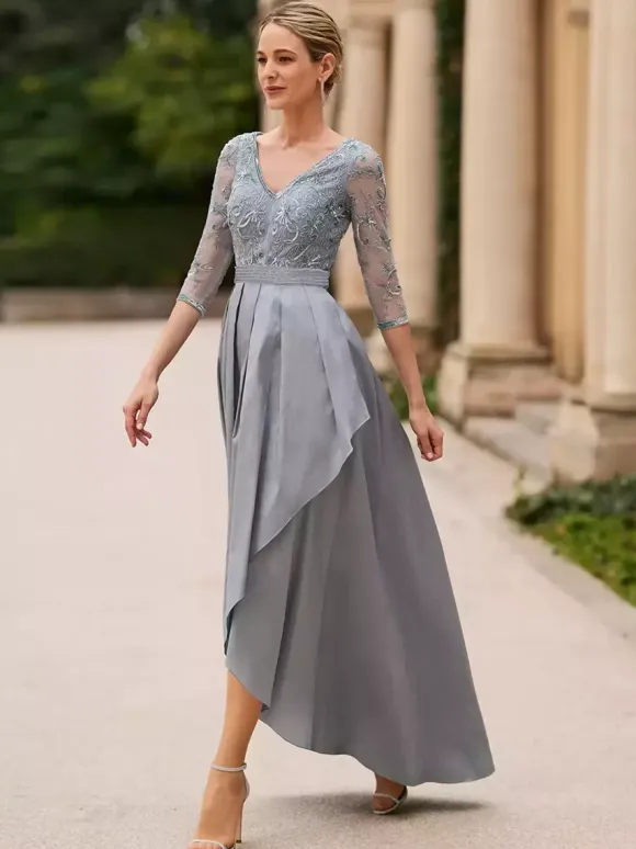 Bridal Mother Dress V-Neck 3/4 Length Sleeves A-Line Lace Ankle-Length Wedding Guest Dresses