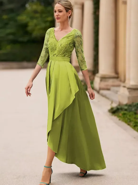 Bridal Mother Dress V-Neck 3/4 Length Sleeves A-Line Lace Ankle-Length Wedding Guest Dresses