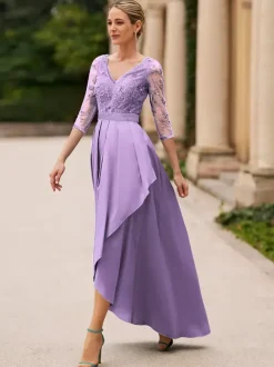 Bridal Mother Dress V-Neck 3/4 Length Sleeves A-Line Lace Ankle-Length Wedding Guest Dresses