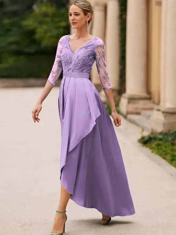 Bridal Mother Dress V-Neck 3/4 Length Sleeves A-Line Lace Ankle-Length Wedding Guest Dresses