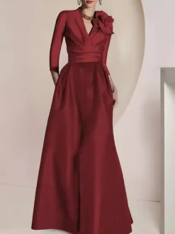 Bridal Mother Dress V-Neck 3/4 Length Sleeves A-Line Pleated Floor-Length Guest Dresses For Wedding