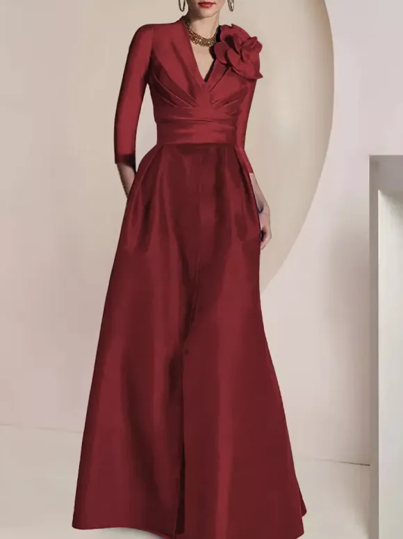 Bridal Mother Dress V-Neck 3/4 Length Sleeves A-Line Pleated Floor-Length Guest Dresses For Wedding