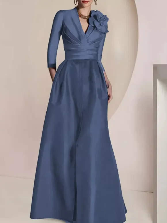 Bridal Mother Dress V-Neck 3/4 Length Sleeves A-Line Pleated Floor-Length Guest Dresses For Wedding