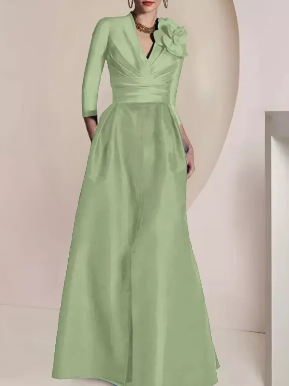 Bridal Mother Dress V-Neck 3/4 Length Sleeves A-Line Pleated Floor-Length Guest Dresses For Wedding