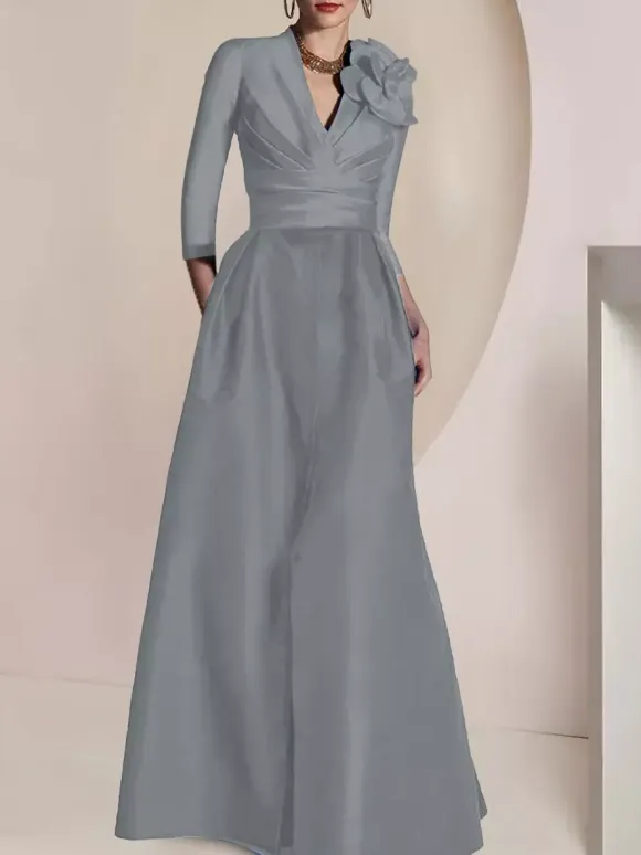 Bridal Mother Dress V-Neck 3/4 Length Sleeves A-Line Pleated Floor-Length Guest Dresses For Wedding