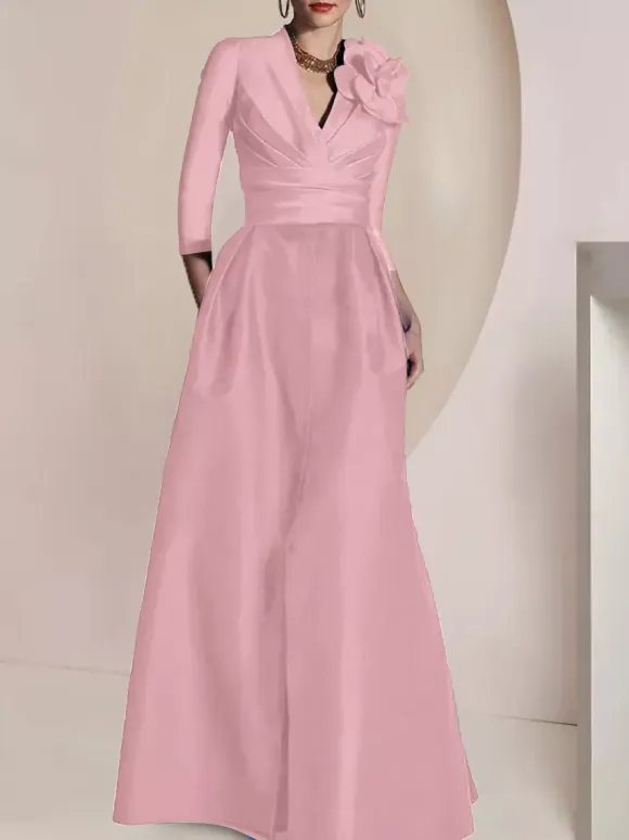Bridal Mother Dress V-Neck 3/4 Length Sleeves A-Line Pleated Floor-Length Guest Dresses For Wedding
