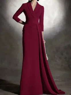 Bridal Mother Dress V-Neck 3/4 Length Sleeves Mermaid Pleated Floor-Length Guest Dresses For Wedding