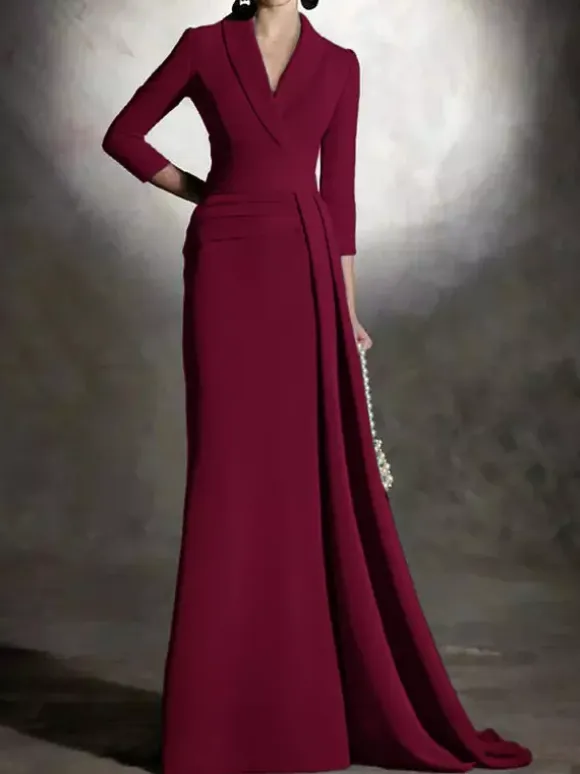 Bridal Mother Dress V-Neck 3/4 Length Sleeves Mermaid Pleated Floor-Length Guest Dresses For Wedding