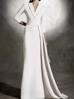Bridal Mother Dress V-Neck 3/4 Length Sleeves Mermaid Pleated Floor-Length Guest Dresses For Wedding