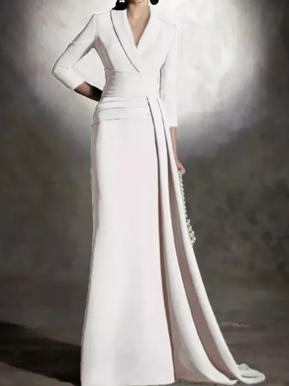 Bridal Mother Dress V-Neck 3/4 Length Sleeves Mermaid Pleated Floor-Length Guest Dresses For Wedding
