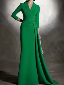 Bridal Mother Dress V-Neck 3/4 Length Sleeves Mermaid Pleated Floor-Length Guest Dresses For Wedding