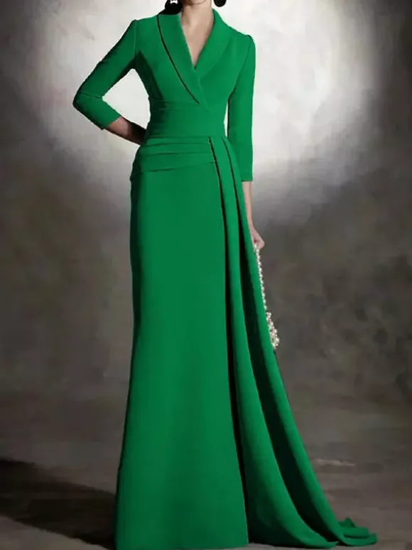 Bridal Mother Dress V-Neck 3/4 Length Sleeves Mermaid Pleated Floor-Length Guest Dresses For Wedding