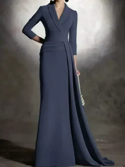 Bridal Mother Dress V-Neck 3/4 Length Sleeves Mermaid Pleated Floor-Length Guest Dresses For Wedding