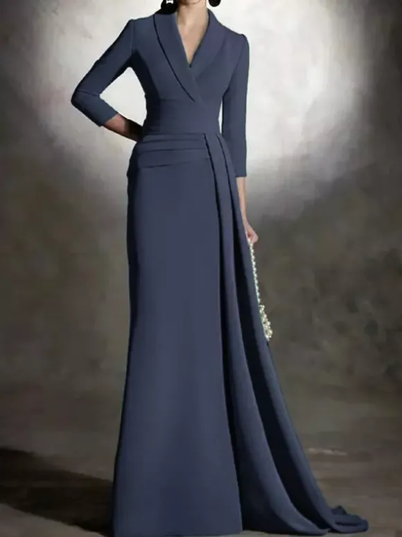 Bridal Mother Dress V-Neck 3/4 Length Sleeves Mermaid Pleated Floor-Length Guest Dresses For Wedding
