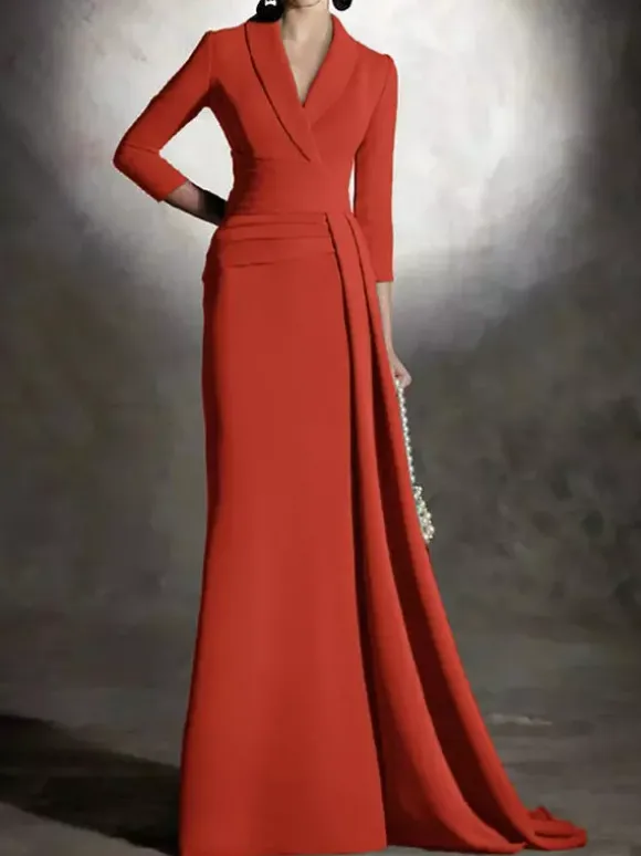 Bridal Mother Dress V-Neck 3/4 Length Sleeves Mermaid Pleated Floor-Length Guest Dresses For Wedding