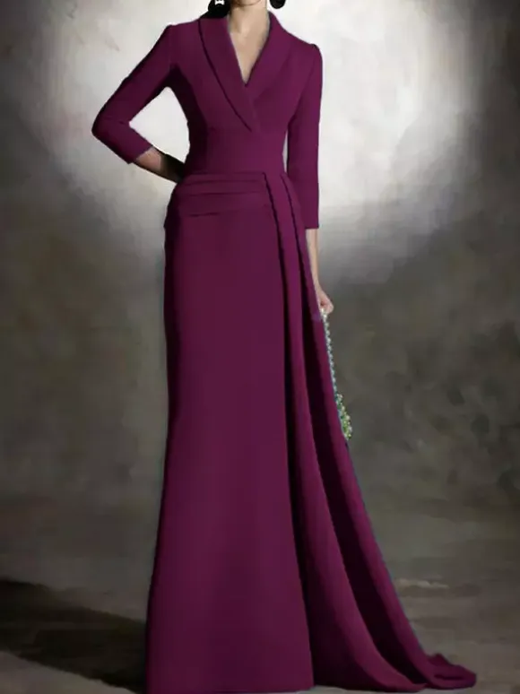 Bridal Mother Dress V-Neck 3/4 Length Sleeves Mermaid Pleated Floor-Length Guest Dresses For Wedding