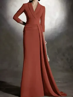 Bridal Mother Dress V-Neck 3/4 Length Sleeves Mermaid Pleated Floor-Length Guest Dresses For Wedding