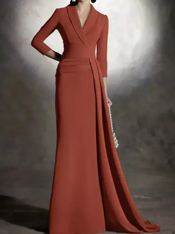 Bridal Mother Dress V-Neck 3/4 Length Sleeves Mermaid Pleated Floor-Length Guest Dresses For Wedding