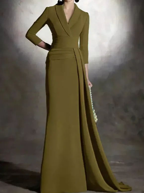 Bridal Mother Dress V-Neck 3/4 Length Sleeves Mermaid Pleated Floor-Length Guest Dresses For Wedding