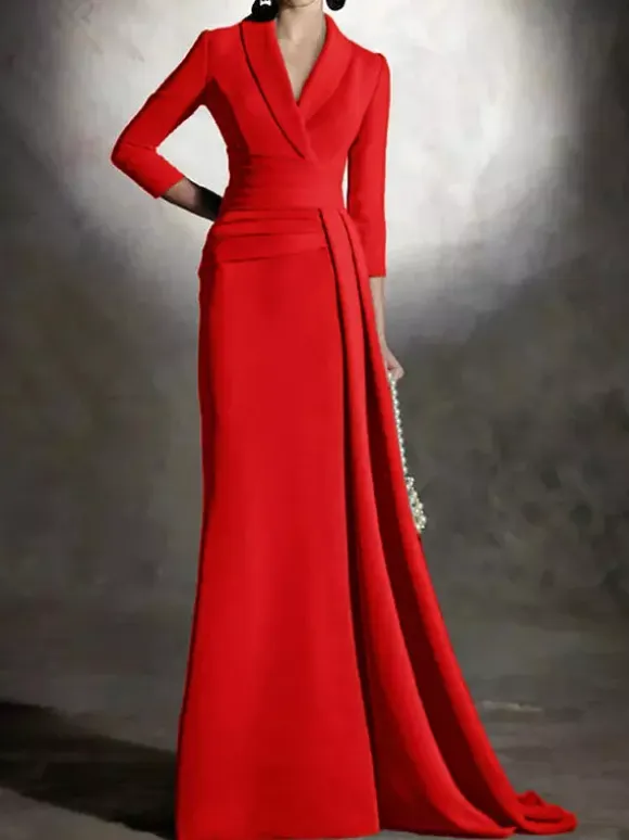 Bridal Mother Dress V-Neck 3/4 Length Sleeves Mermaid Pleated Floor-Length Guest Dresses For Wedding