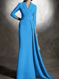 Bridal Mother Dress V-Neck 3/4 Length Sleeves Mermaid Pleated Floor-Length Guest Dresses For Wedding