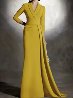 Bridal Mother Dress V-Neck 3/4 Length Sleeves Mermaid Pleated Floor-Length Guest Dresses For Wedding