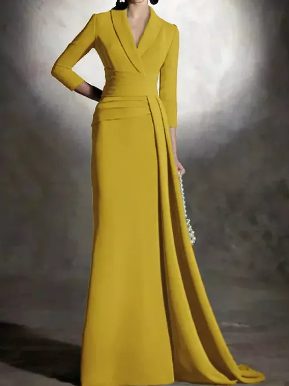 Bridal Mother Dress V-Neck 3/4 Length Sleeves Mermaid Pleated Floor-Length Guest Dresses For Wedding