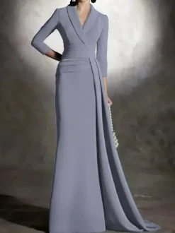 Bridal Mother Dress V-Neck 3/4 Length Sleeves Mermaid Pleated Floor-Length Guest Dresses For Wedding