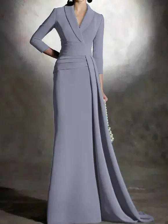 Bridal Mother Dress V-Neck 3/4 Length Sleeves Mermaid Pleated Floor-Length Guest Dresses For Wedding